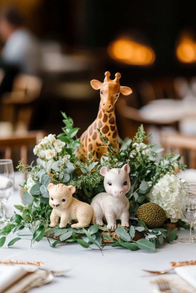 Baby Animal Figurines + Greenery DIY Centerpiece Ideas for baby showers