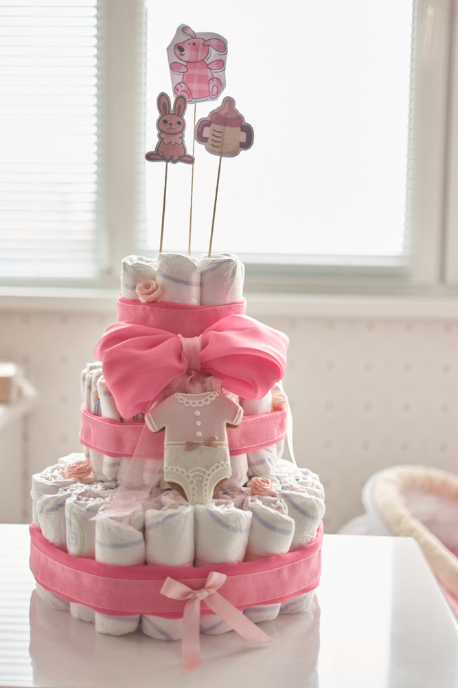Newborn,Gift,Concept.,Decorated,Cake,Of,Diapers,Indoor.