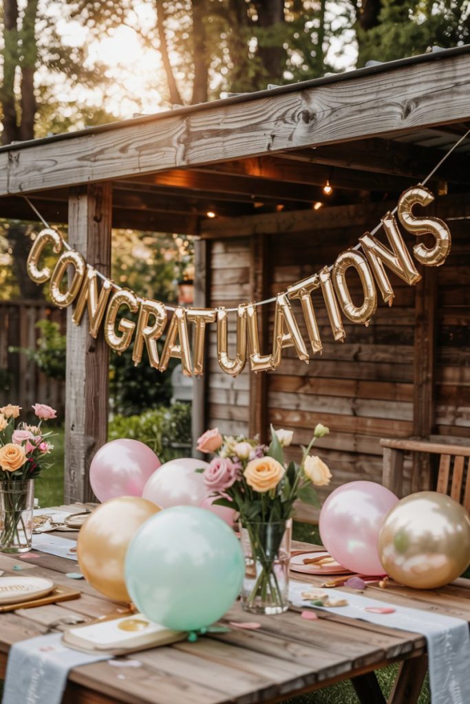 backyard graduation party decor of a gold banner